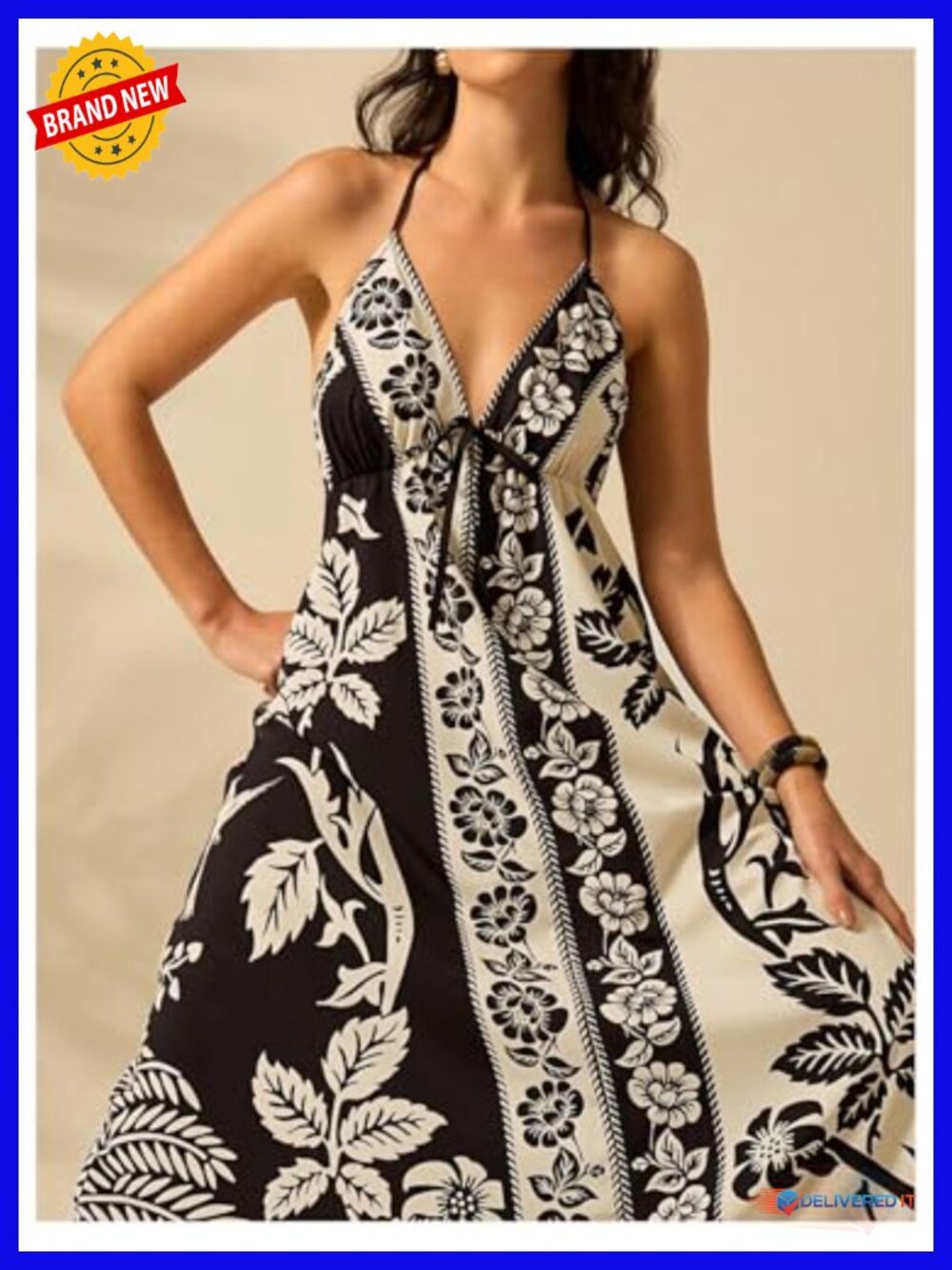 Women's Floral Halter Maxi Dress Open Back Empire Waist Boho - Picture 3 of 5